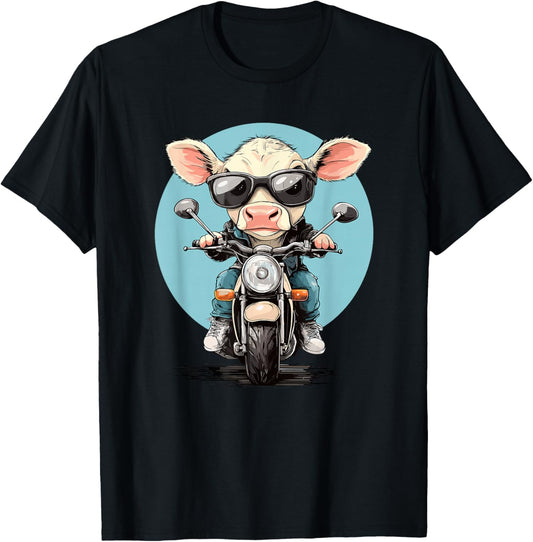 Cool Cow Riding Motorcycle with Posture T-Shirt - T-Shirt | Black