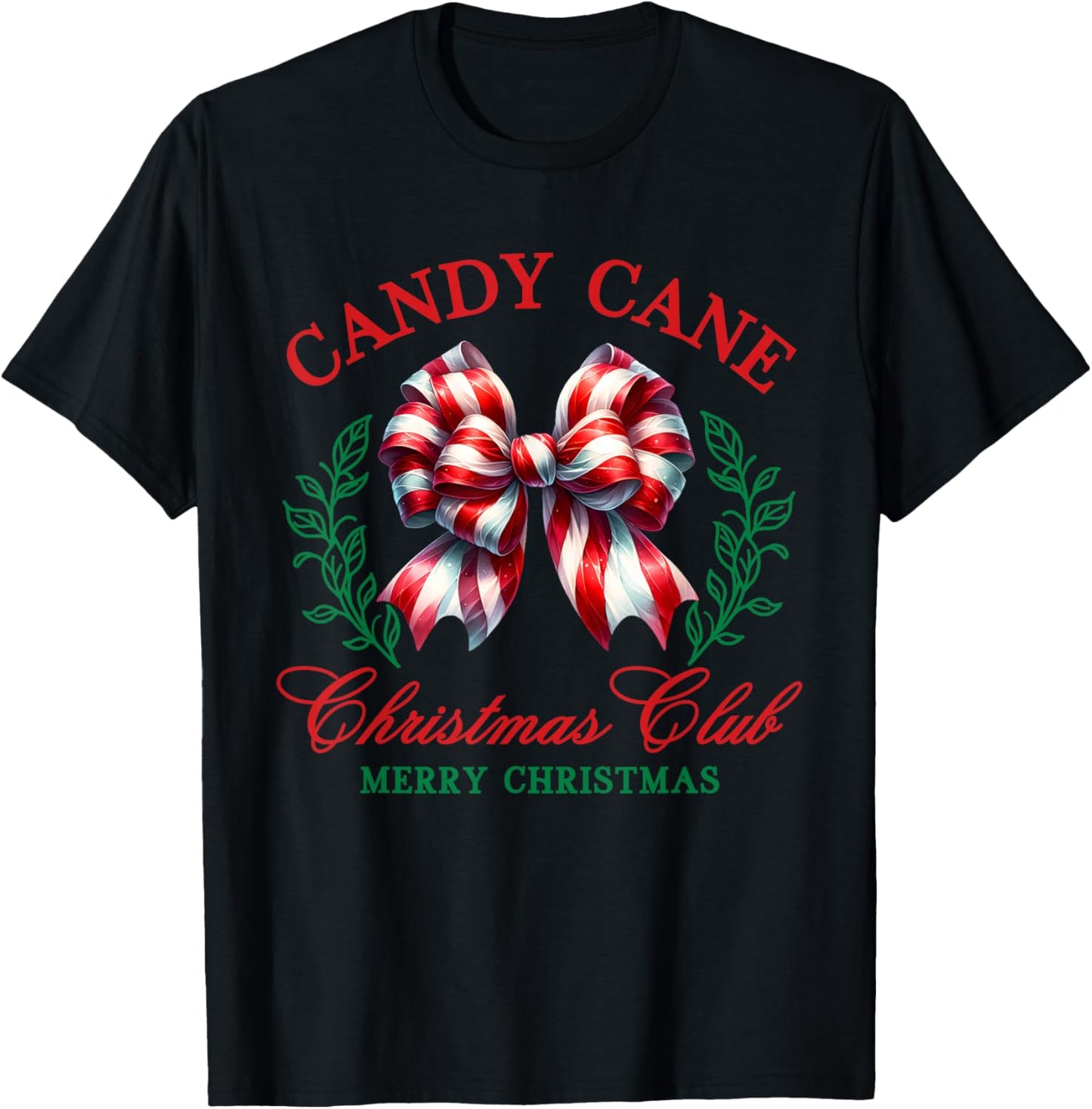 Candy Cane Coquette Bow Merry Christmas Xmas Club Holiday T-Shirt - T-Shirt | Black