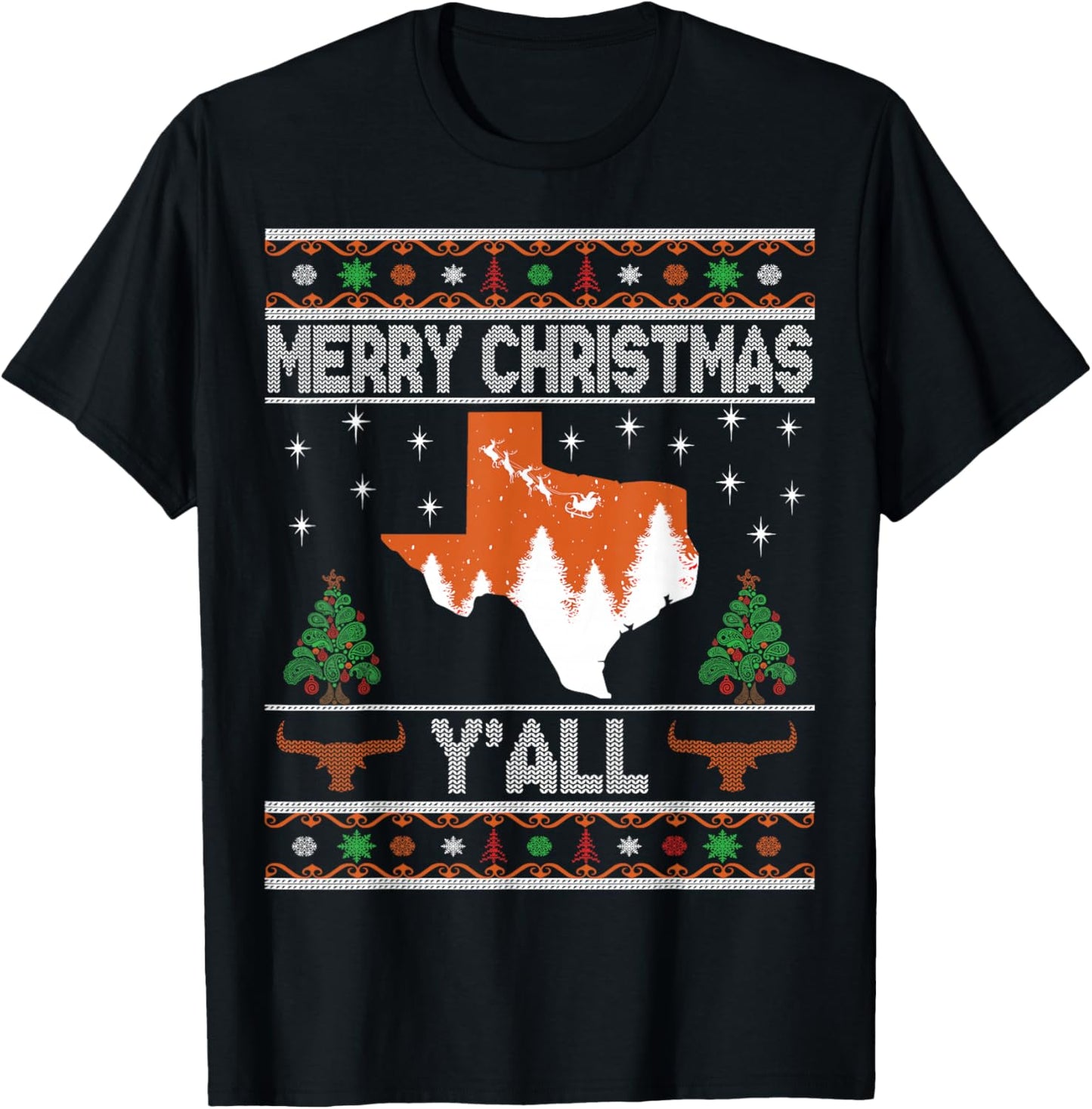Merry Xmas Y'all Texas Ugly Holiday Longhorn Sweater T-Shirt - T-Shirt | Black