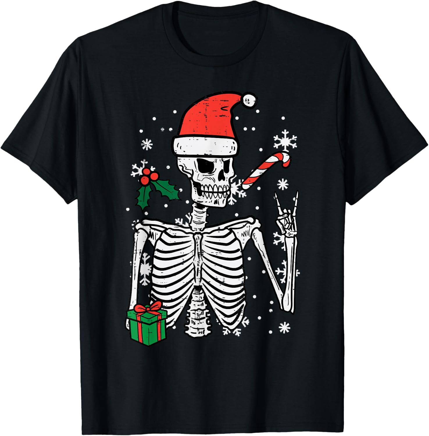 Christmas Rocker Skeleton Santa Rock Hand Xmas Men Boys Kids T-Shirt - T-Shirt | Black