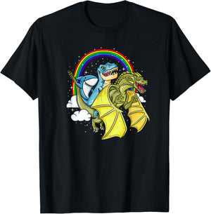 Shark Riding T-Rex Dinosaur Dragon Rainbow Fantasy Gift T-Shirt - T-Shirt | Black