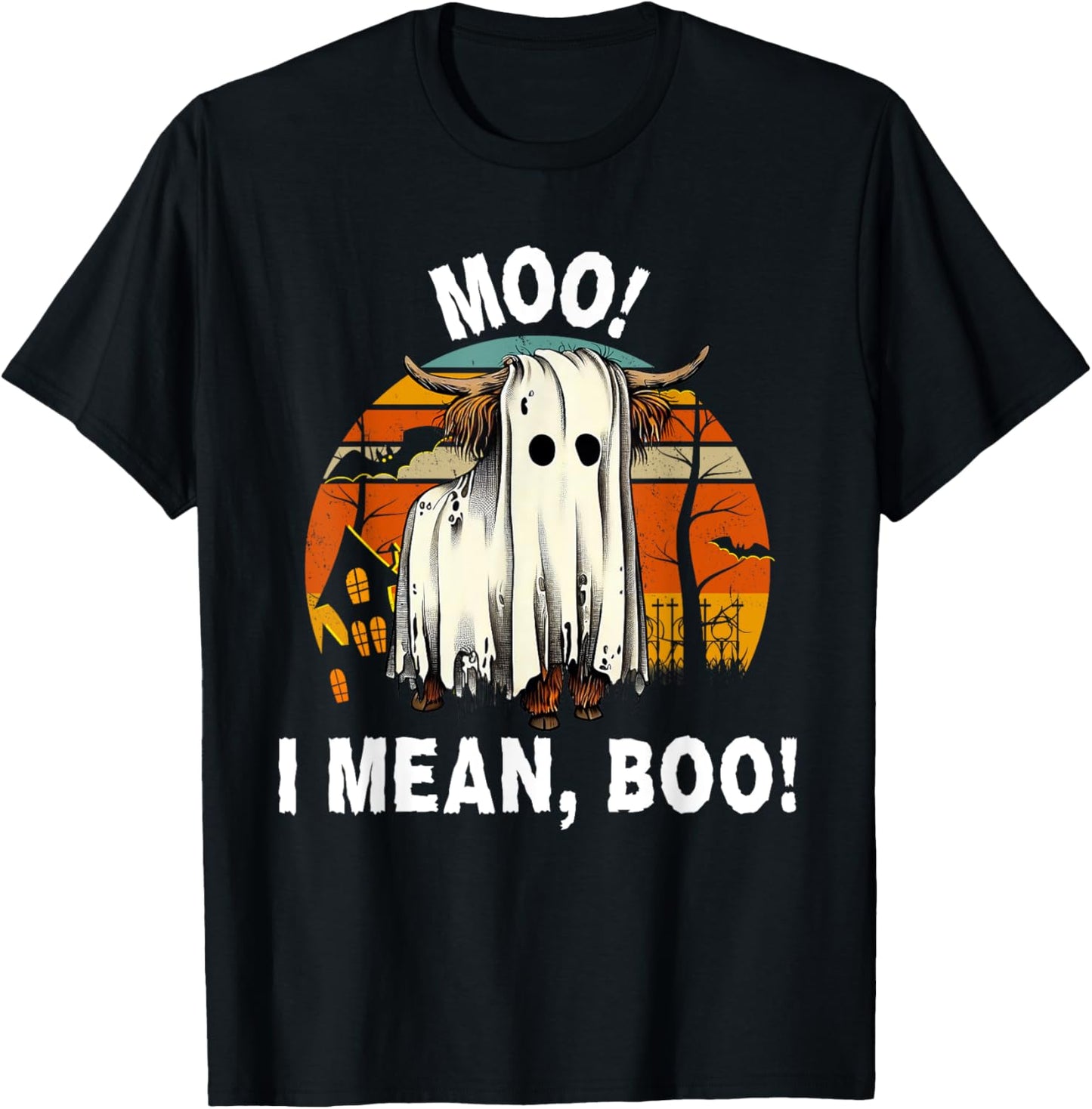 Funny Halloween Highland Cow, Cute Vintage Ghost Cow T-Shirt - T-Shirt | Black