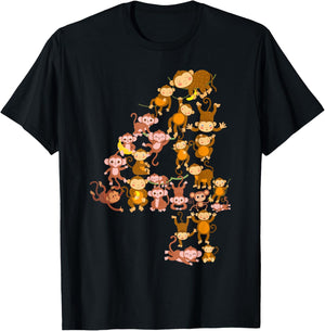 Kids 4th Birthday Monkey Theme 4 Year Old Kid Monkeys Lovers T-Shirt - T-Shirt | Black