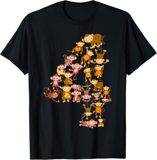 Kids 4th Birthday Monkey Theme 4 Year Old Kid Monkeys Lovers T-Shirt - T-Shirt | Black