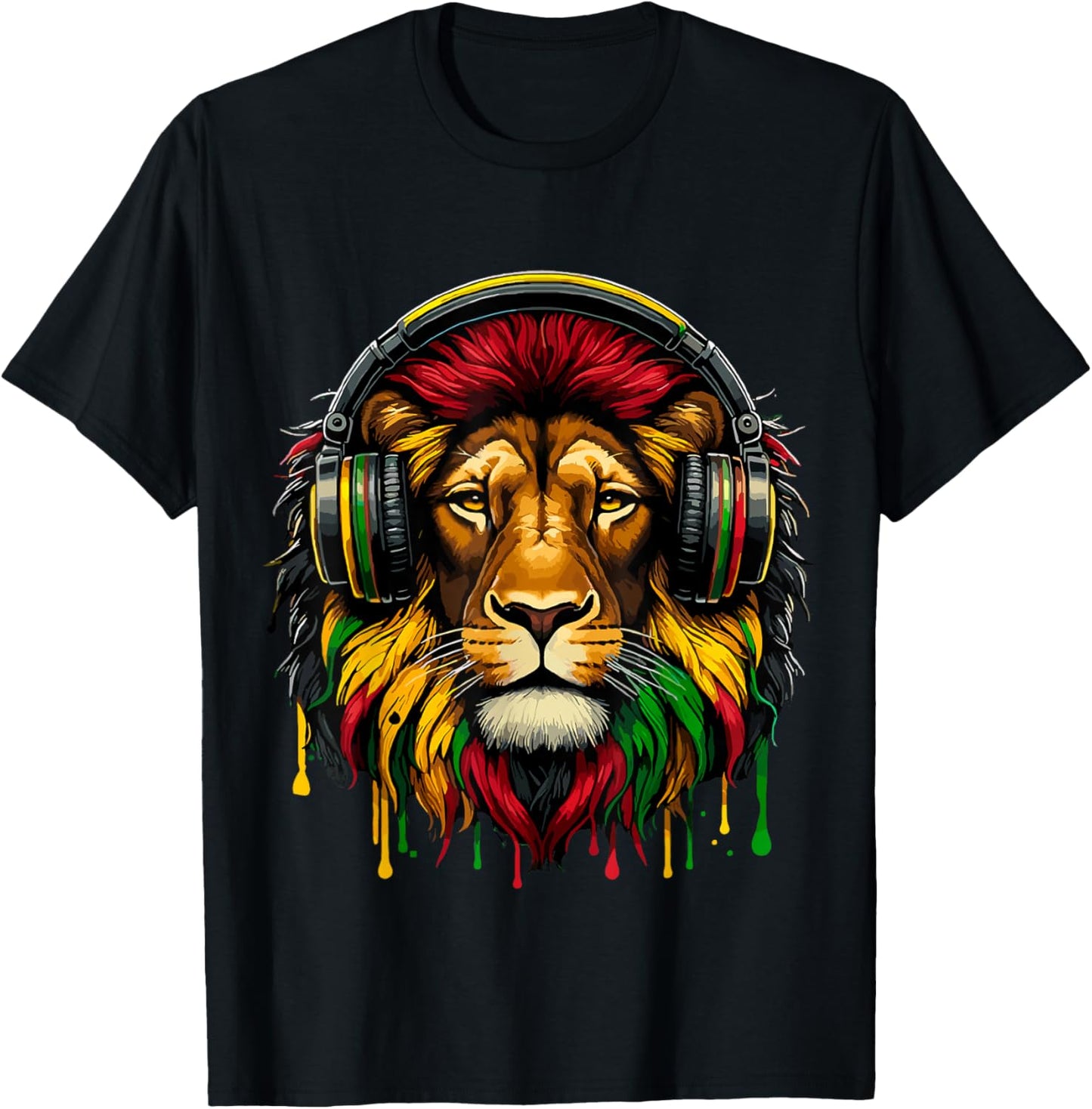 Rasta Raggae Jamaica Music Headphones Lion of Judah T-Shirt - T-Shirt | Black