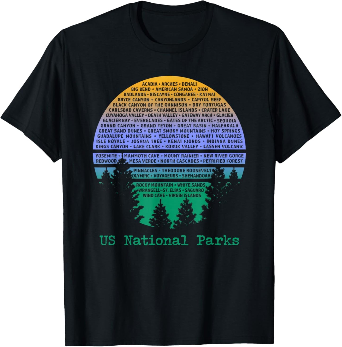 National Parks List Word Cloud Sunset Trees Men Women Kids T-Shirt - T-Shirt | Black