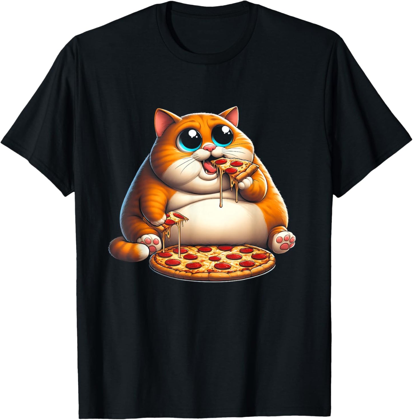 Funny Fat Cat Eating Pizza Fast Food Art Meme Animal Lover T-Shirt - T-Shirt | Black