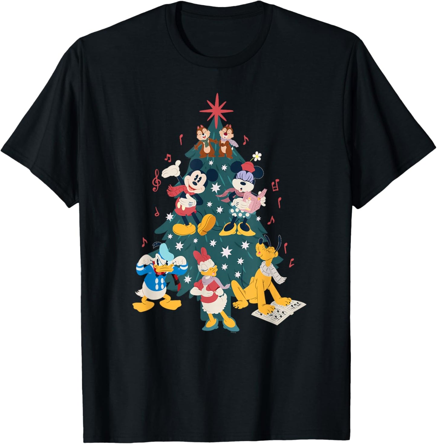 Disney Mickey & Friends Holiday Retro Christmas Tree Carols T-Shirt - T-Shirt | Black