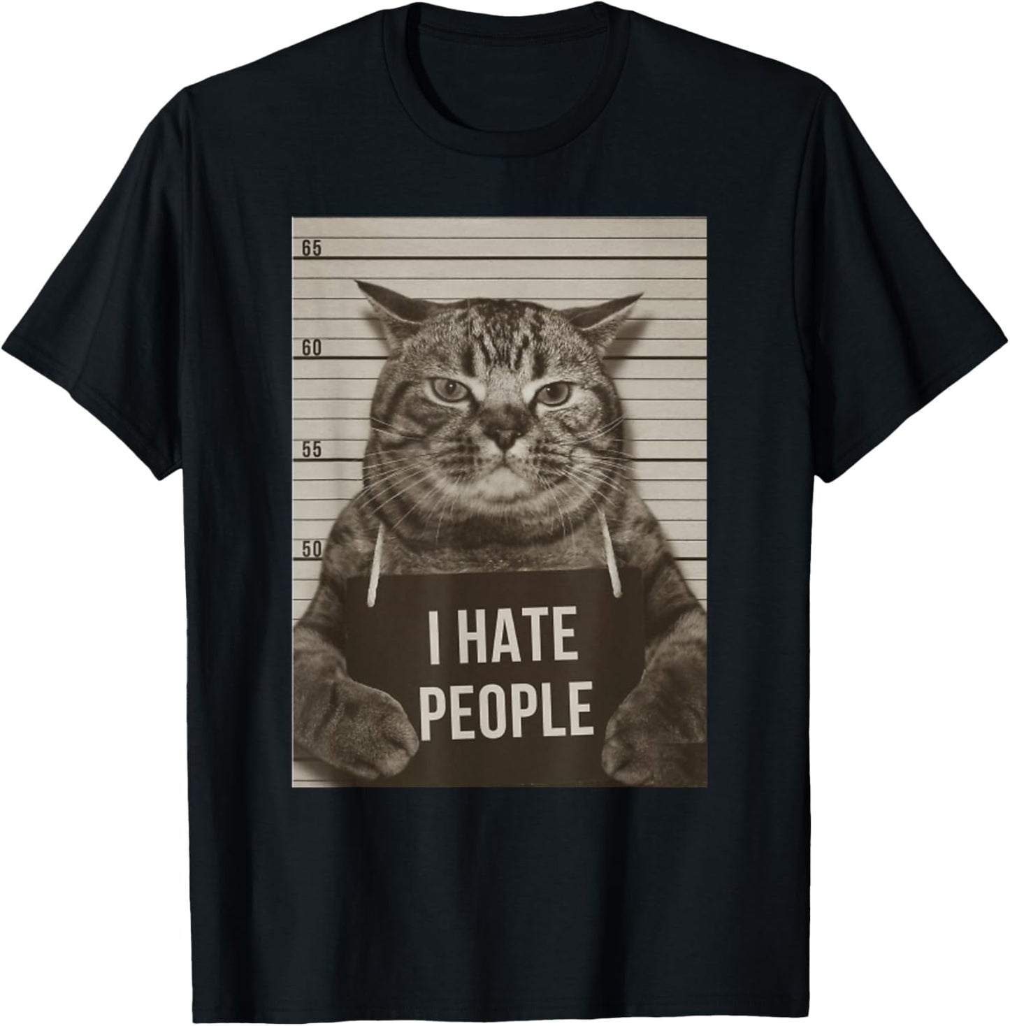 Funny Cat Police Mugshot I Hate People T-Shirt - T-Shirt | Black