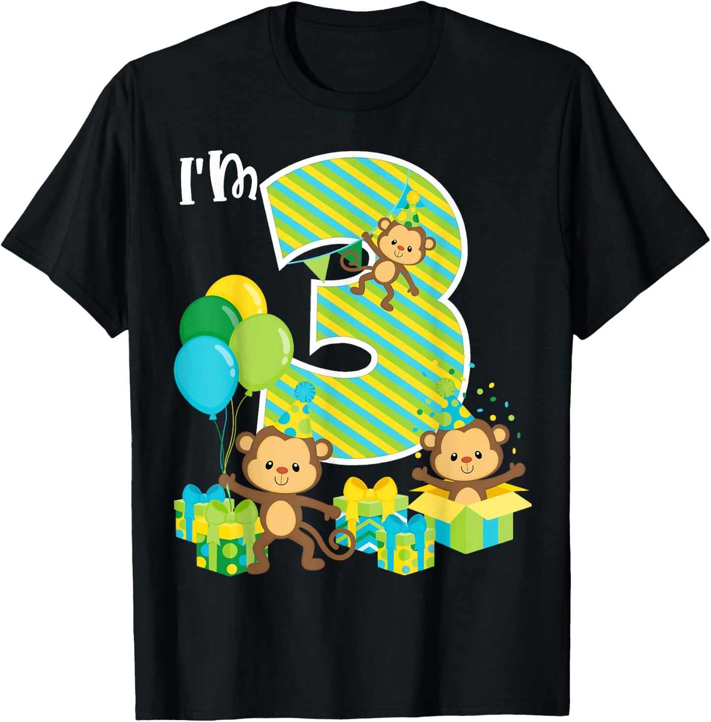 Birthday Monkey 3rd Birthday Party Three Yrs Old Kid Toddler T-Shirt - T-Shirt | Black