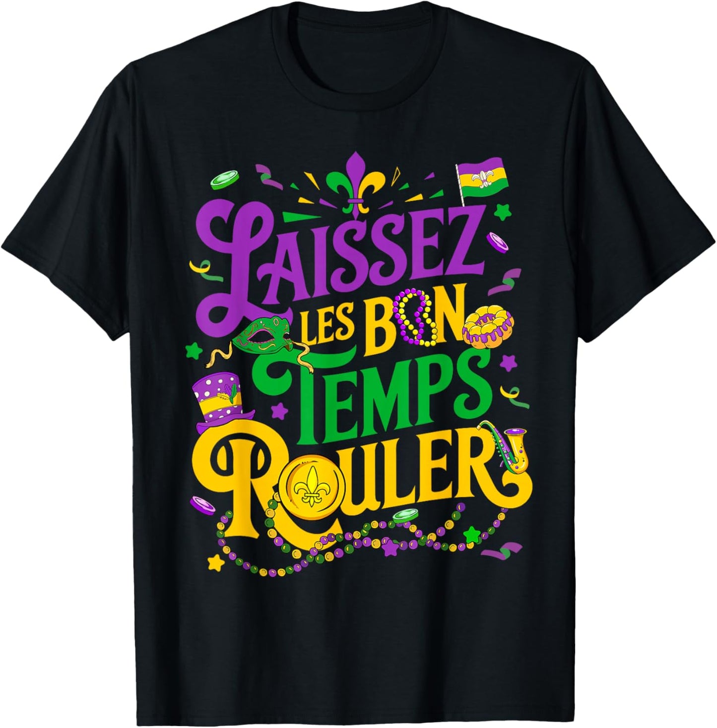 Laissez Les Bon Temps Rouler Mardi Gras Beads Fleur De Lis T-Shirt - T-Shirt | Black