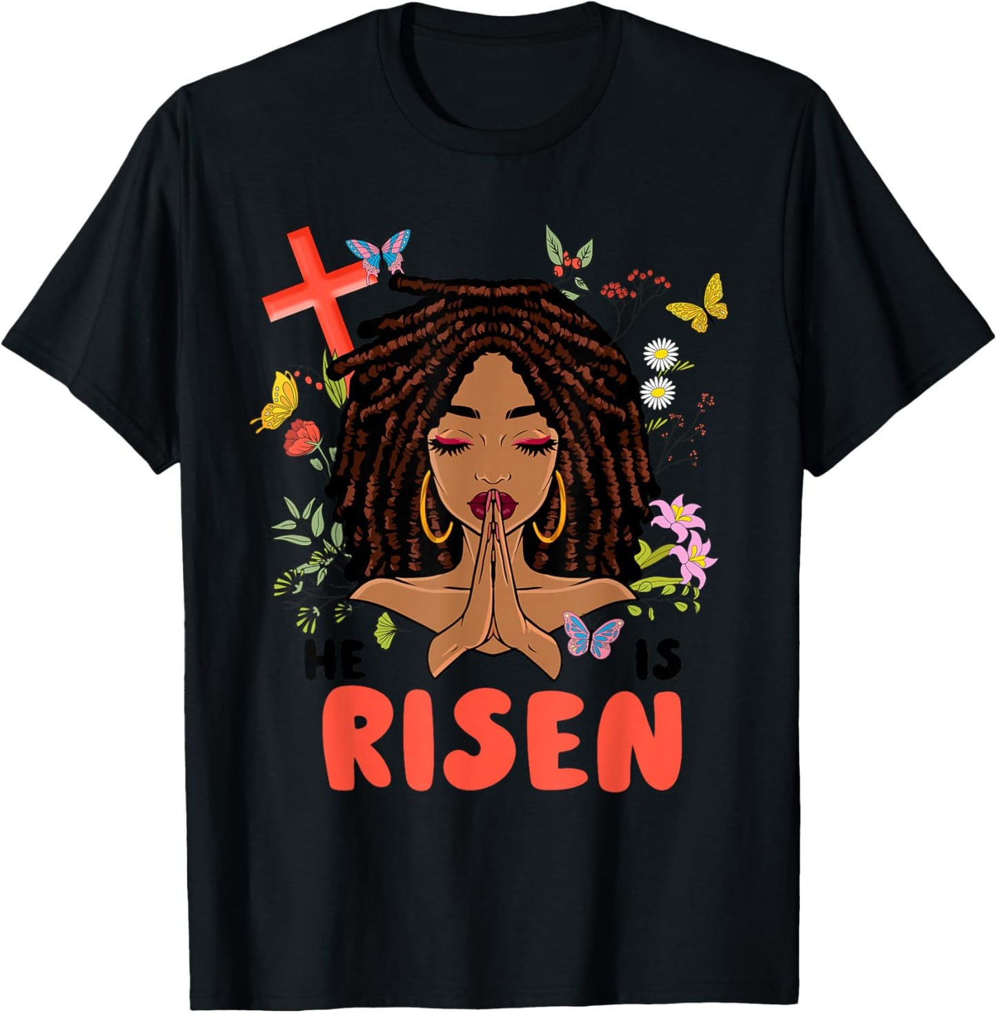 He Is Risen Afro African Locs Pray Women Girls Easter Day T-Shirt - T-Shirt | Black