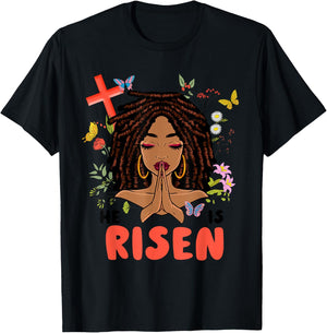 He Is Risen Afro African Locs Pray Women Girls Easter Day T-Shirt - T-Shirt | Black