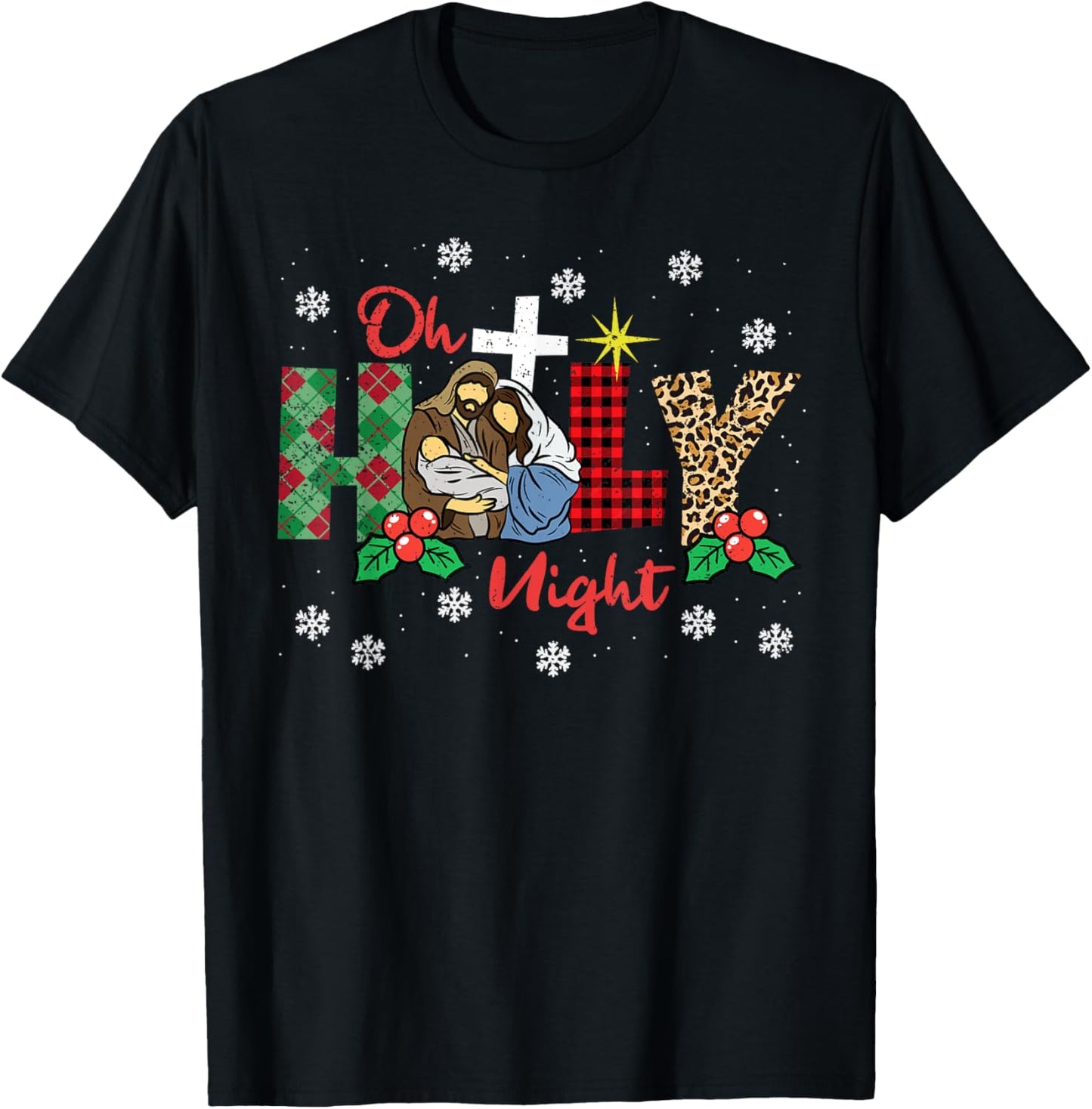 Oh Holy Night Christmas Pajama X-Mas Plaid Christian T-Shirt - T-Shirt | Black