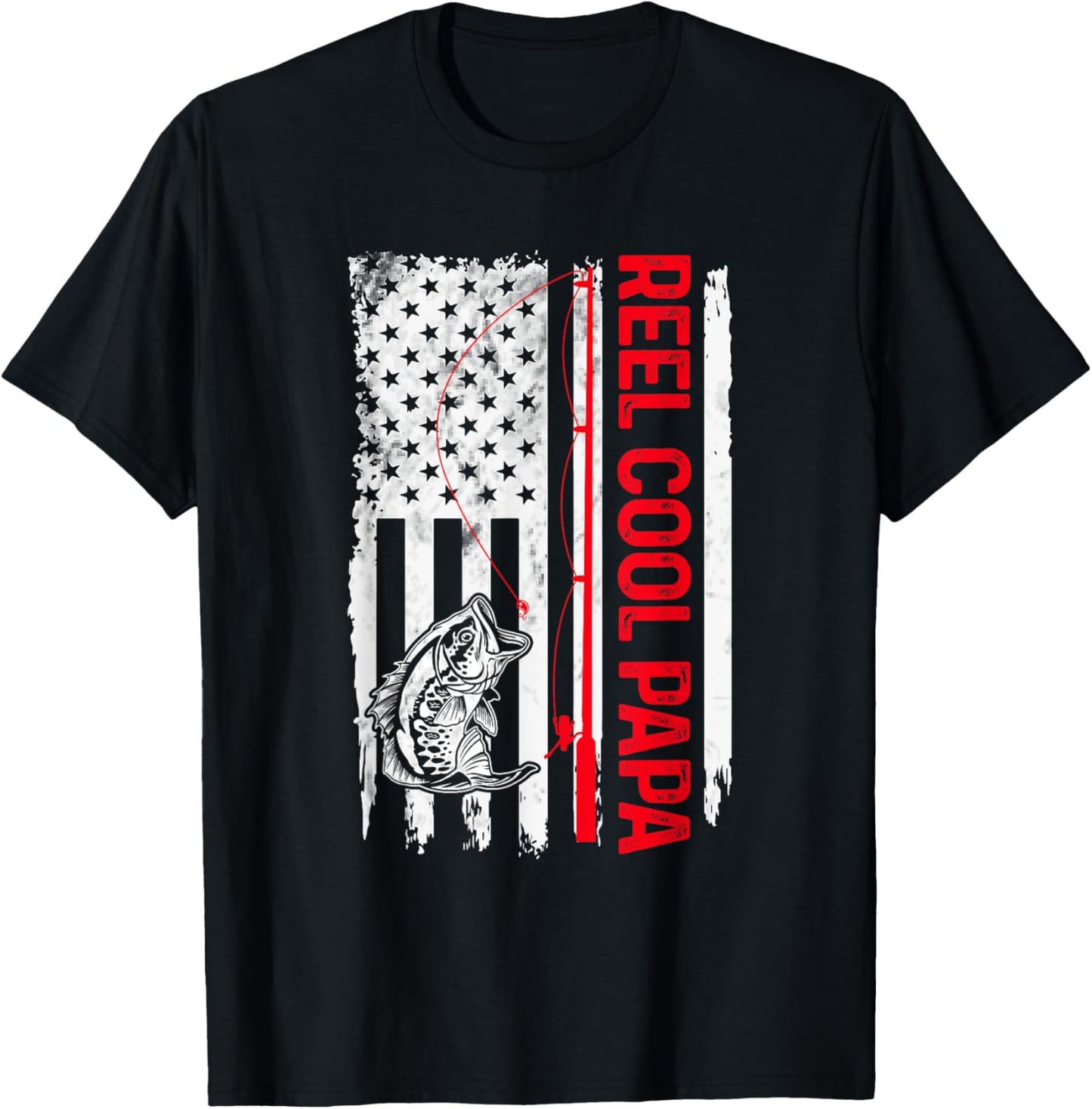 Reel Cool Papa Fishing American Flag Funny Grandpa T-Shirt - T-Shirt | Black