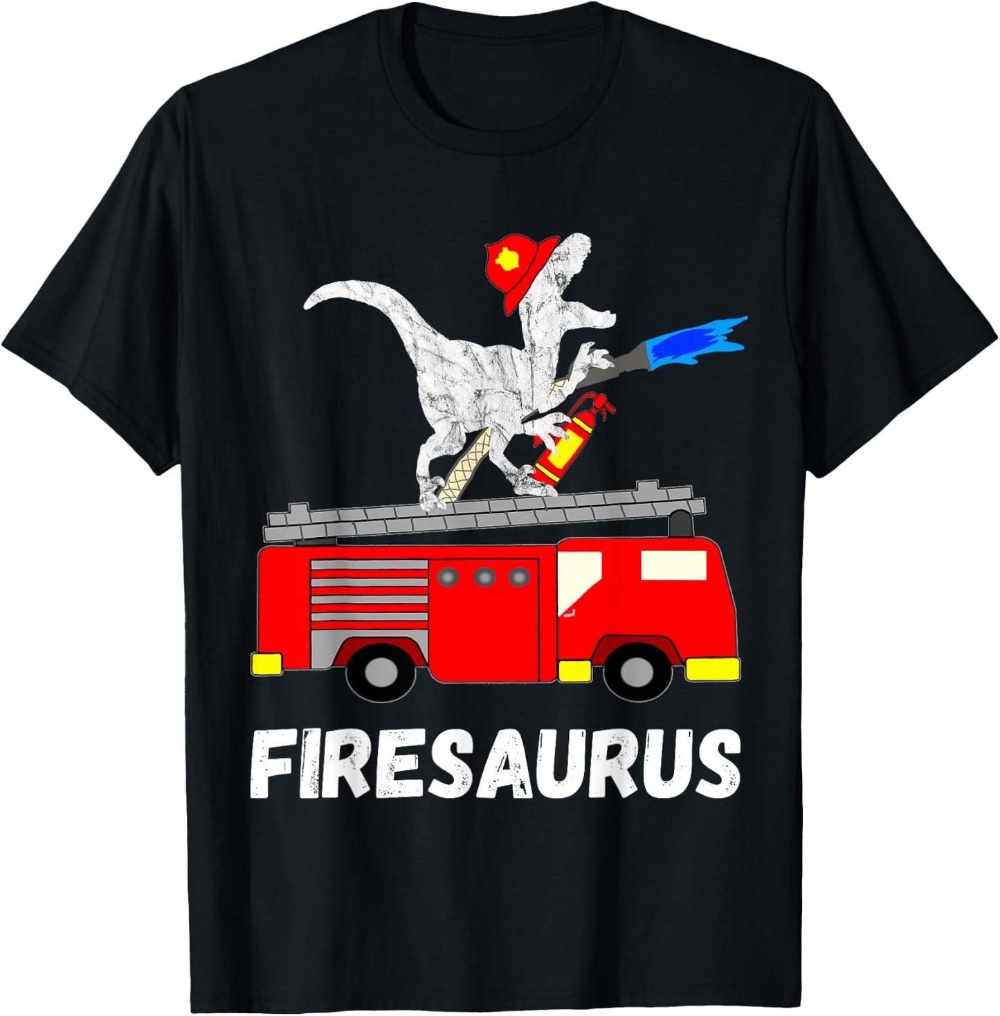 Fire Fighter Saurus Firetruck Fireman Dinosaur T Rex T-Shirt - T-Shirt | Black