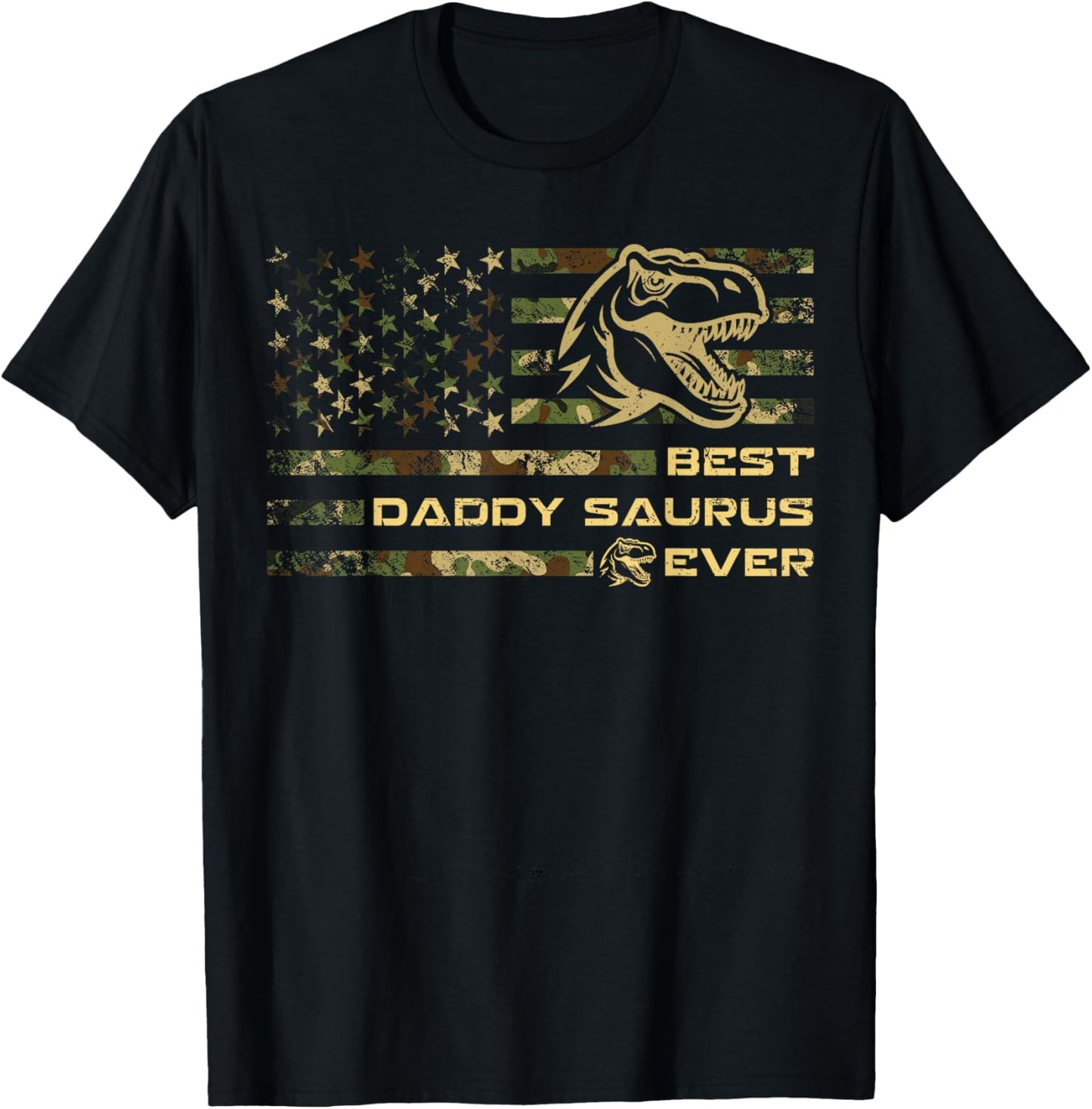 Daddysaurus T Rex Dinosaur Daddy Saurus Camo American Flag T-Shirt - T-Shirt | Black