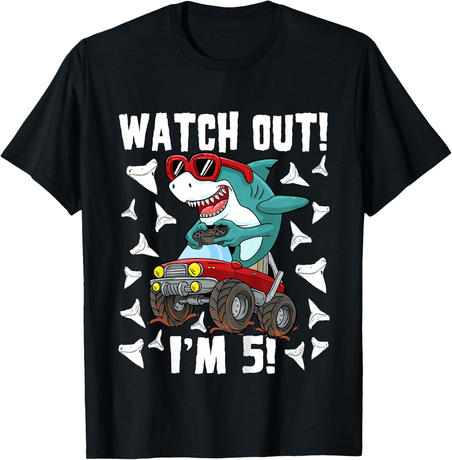 5 Years Old 5th Birthday Shark Boy Girl Monster Truck Gamer T-Shirt - T-Shirt | Black