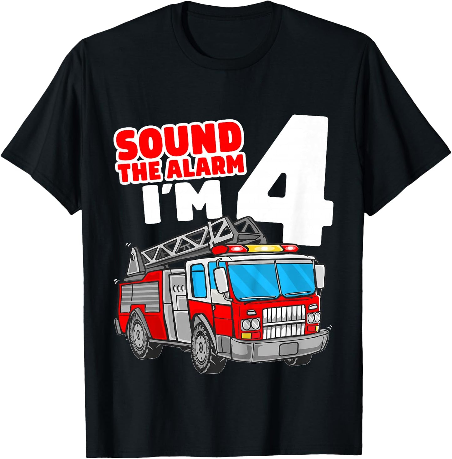 Kids Fire Truck 4 Year Old Firefighter Four 4th Birthday Boy T-Shirt - T-Shirt | Black