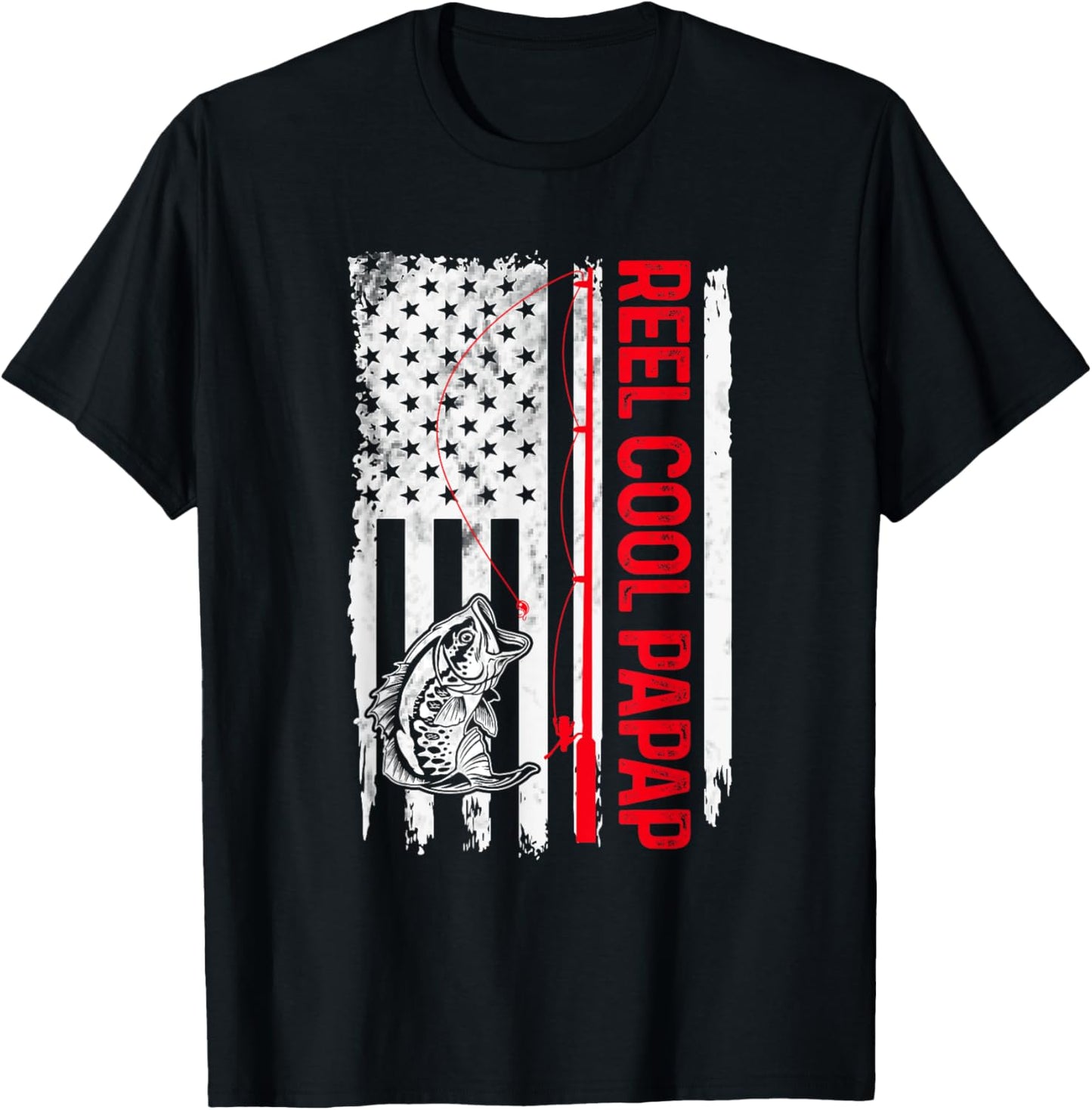 Reel Cool Papap Fishing American Flag Funny Grandpa T-Shirt - T-Shirt | Black