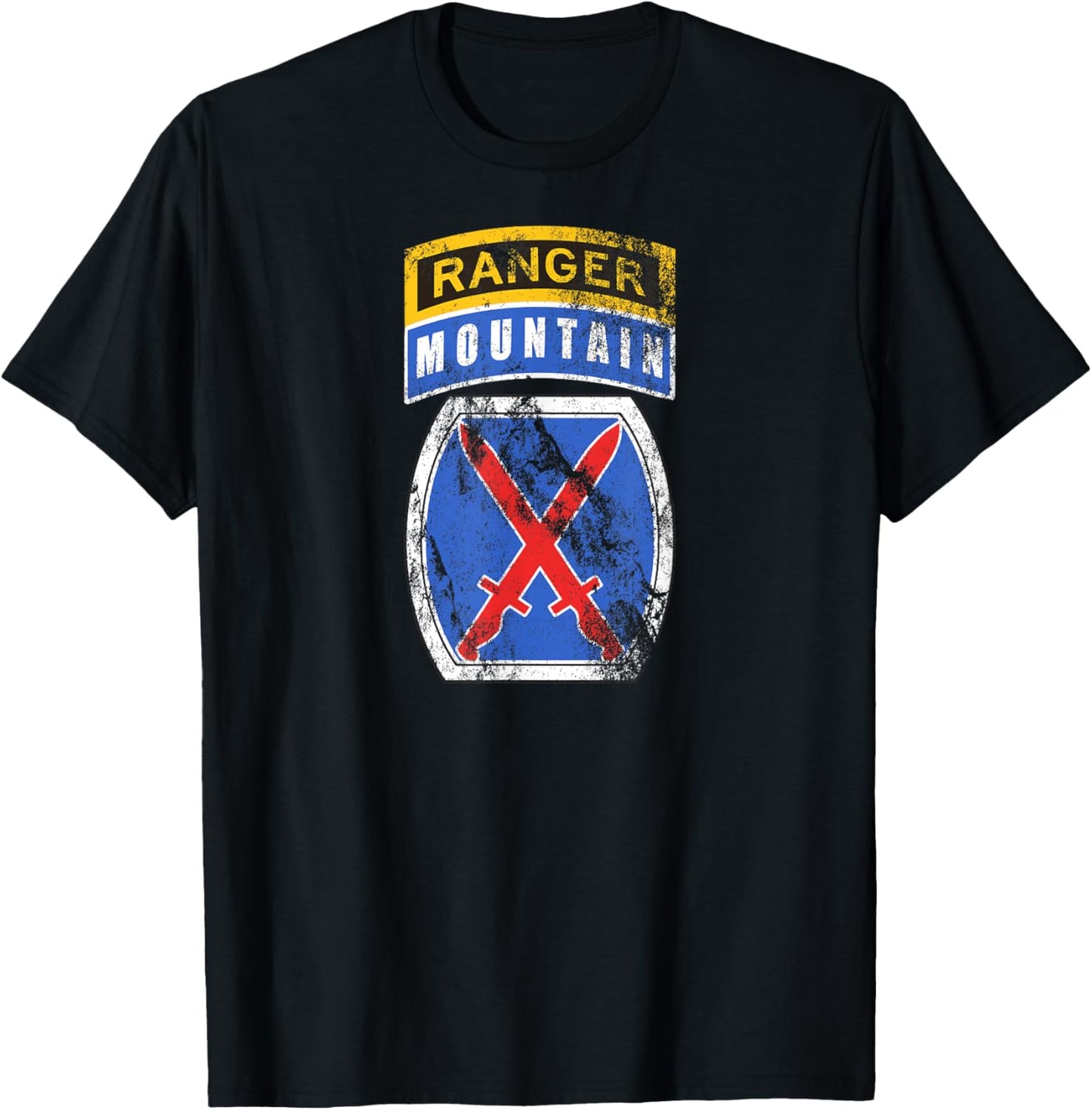 10th Mountain (MTN) Division Patch Ranger Tab Distressed T-Shirt - T-Shirt | Black