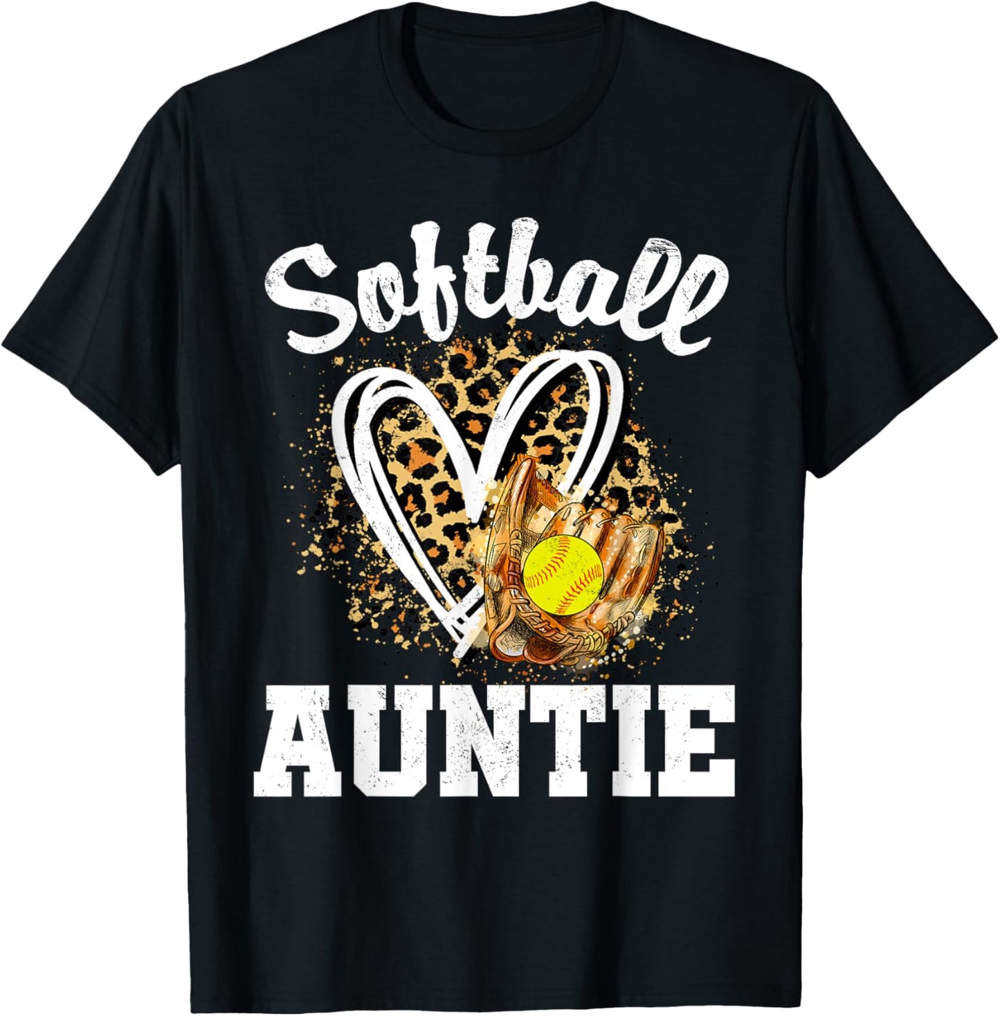 Softball Auntie Leopard Heart Matching Family T-Shirt - T-Shirt | Black