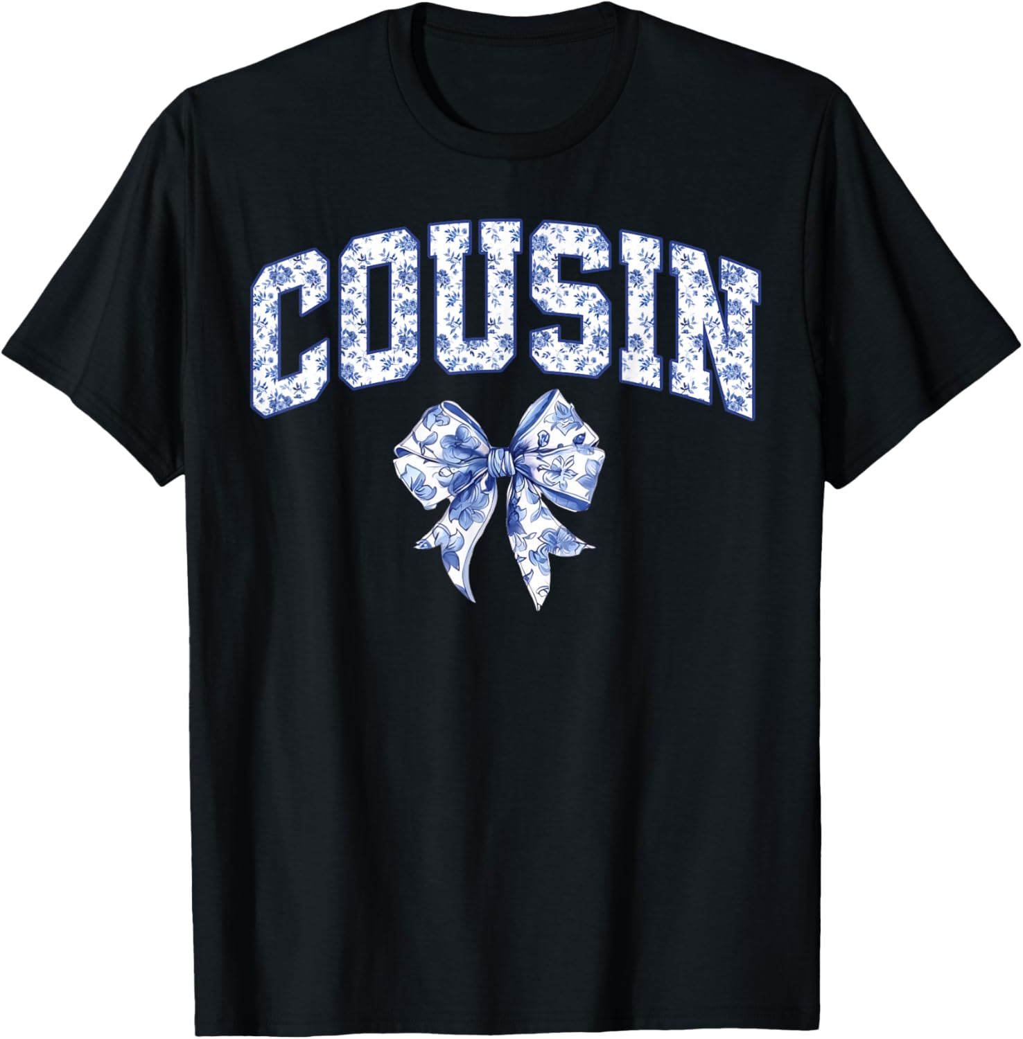 Cousin Coquette Toile Blue Bow Floral Family Matching T-Shirt - T-Shirt | Black