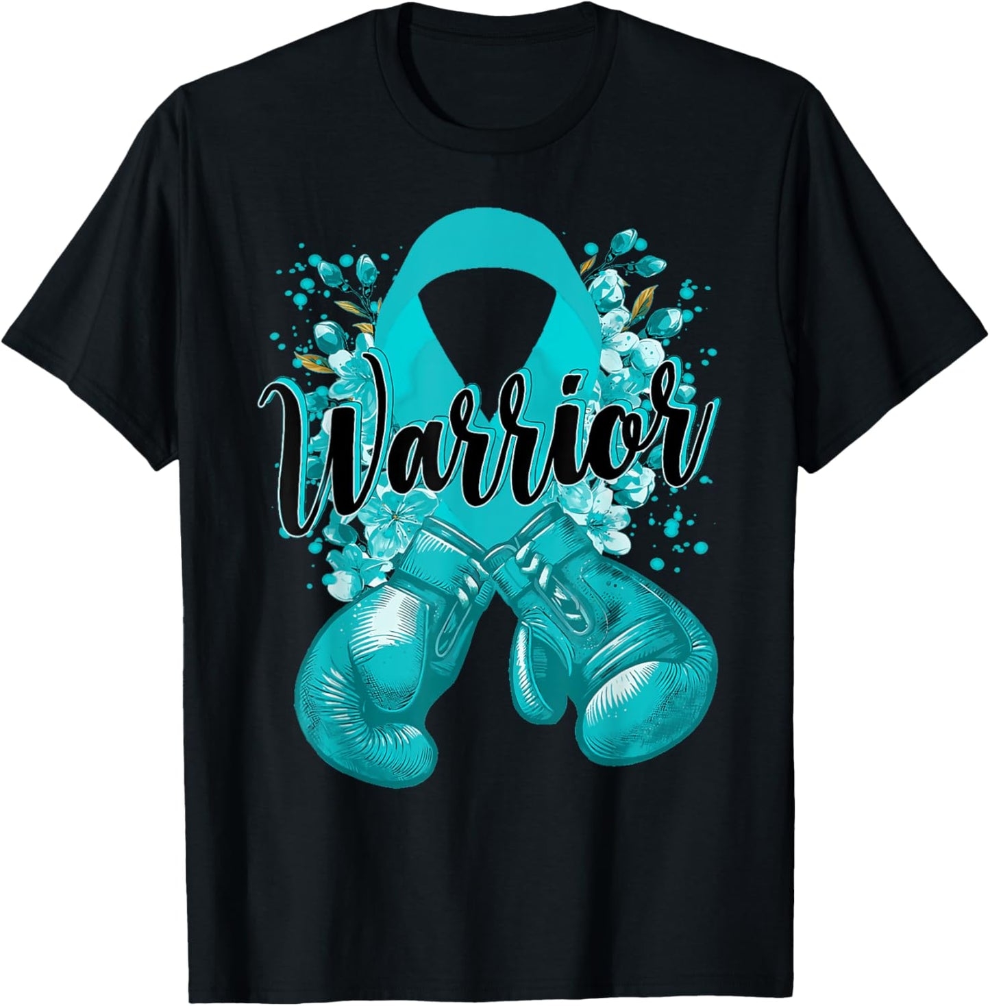 Warrior Boxing Gloves Teal Ribbon Cervical Cancer Awareness T-Shirt - T-Shirt | Black