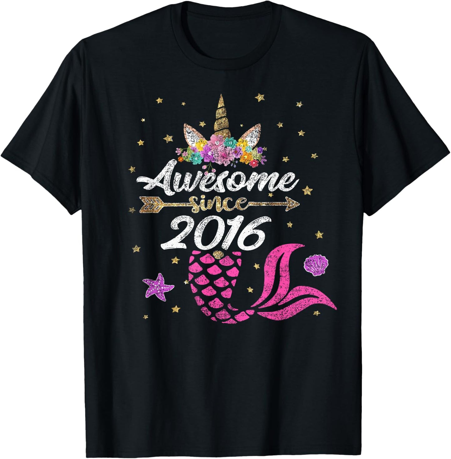 Unicorn Shirt Mermaid Birthday - Awesome Since 2016 Gift T-Shirt - T-Shirt | Black