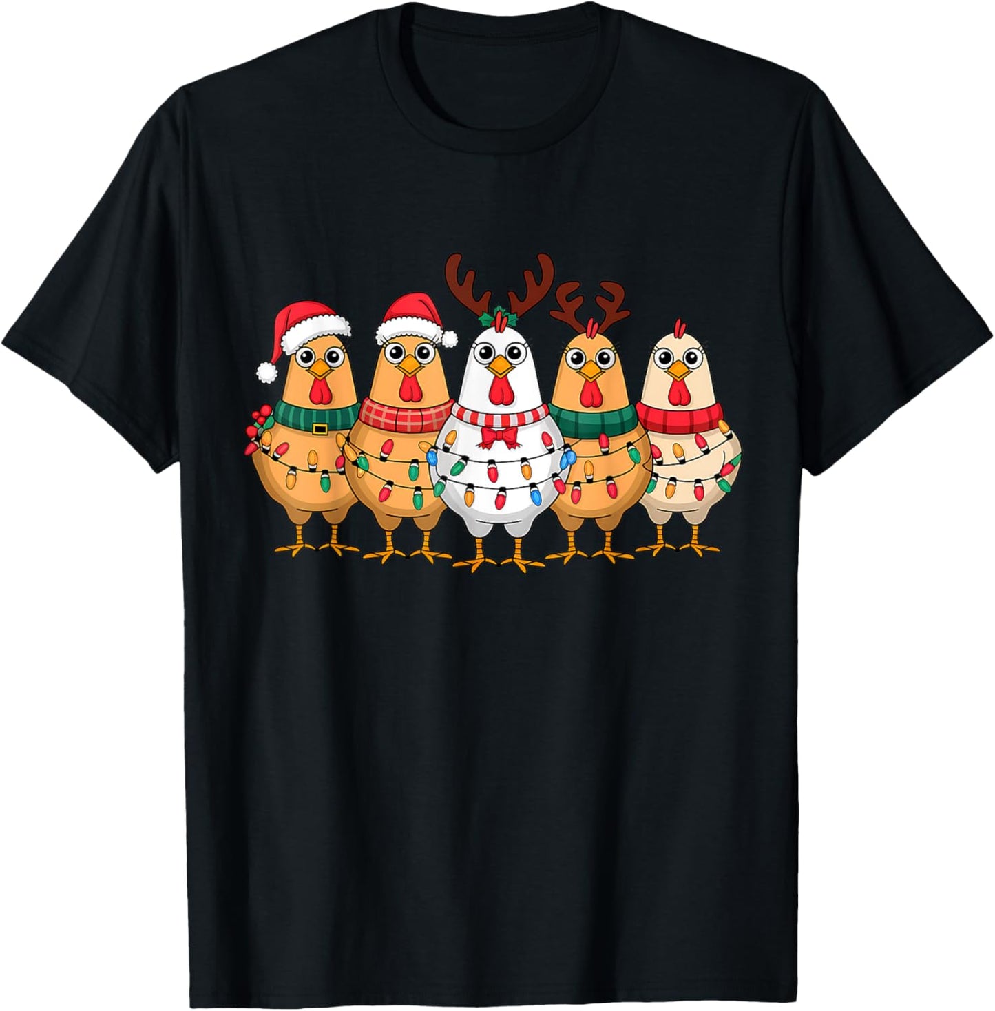 Funny Chicken Christmas Lights Farm Animal Cute Xmas Holiday T-Shirt - T-Shirt | Black