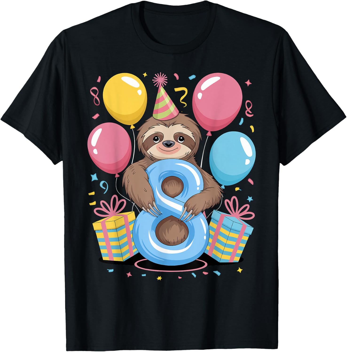 Sloth 8th birthday boy girl 8 years old eighth eight Sloth T-Shirt - T-Shirt | Black