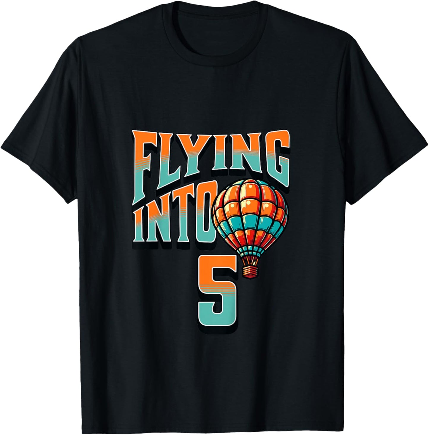 Kids Hot Air Balloon Flying Into 5 Year Old 5th Birthday Boy T-Shirt - T-Shirt | Black