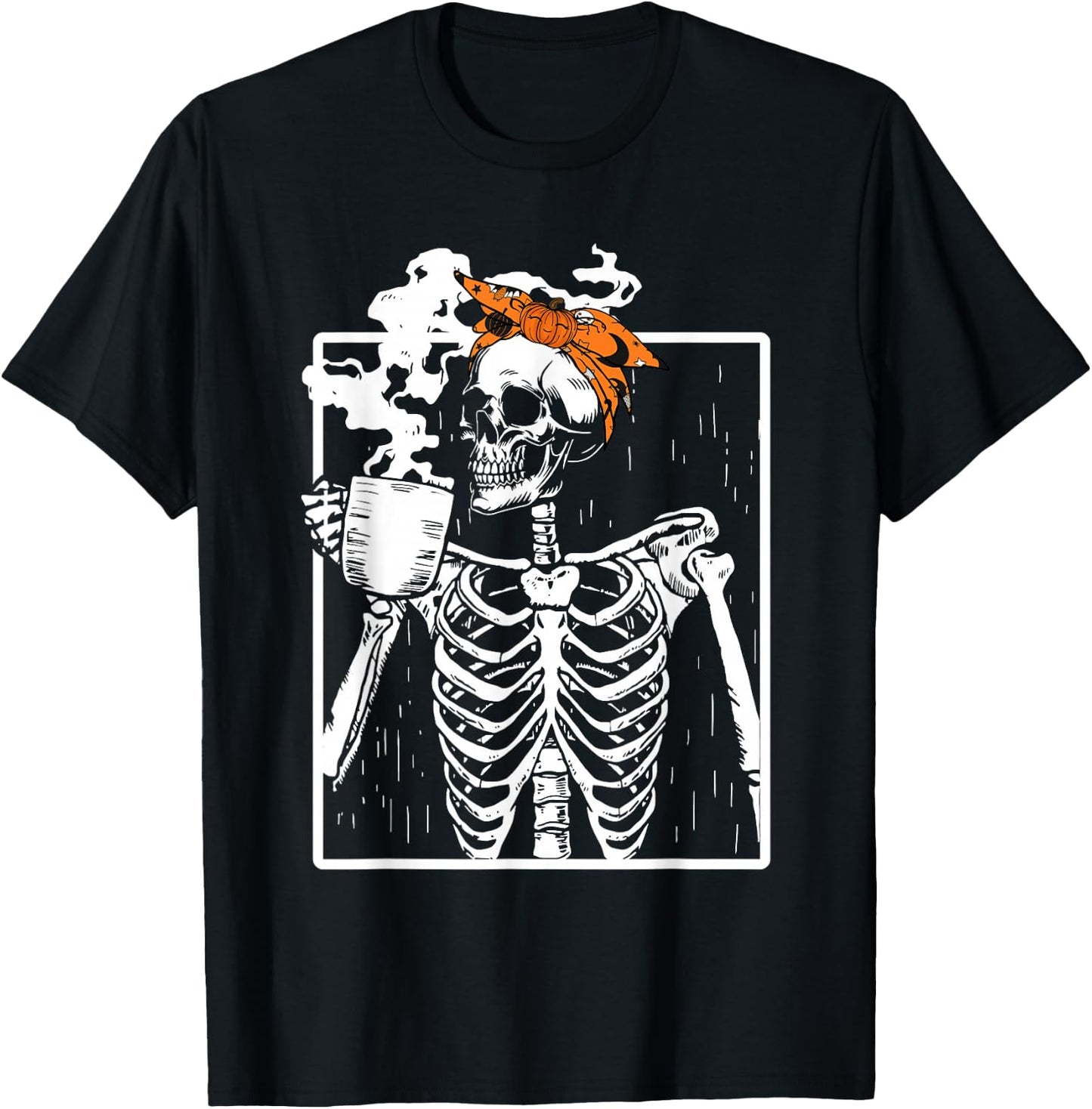 Coffee Drinking Skeleton DIY Halloween Messy Bun Women Girl T-Shirt - T-Shirt | Black
