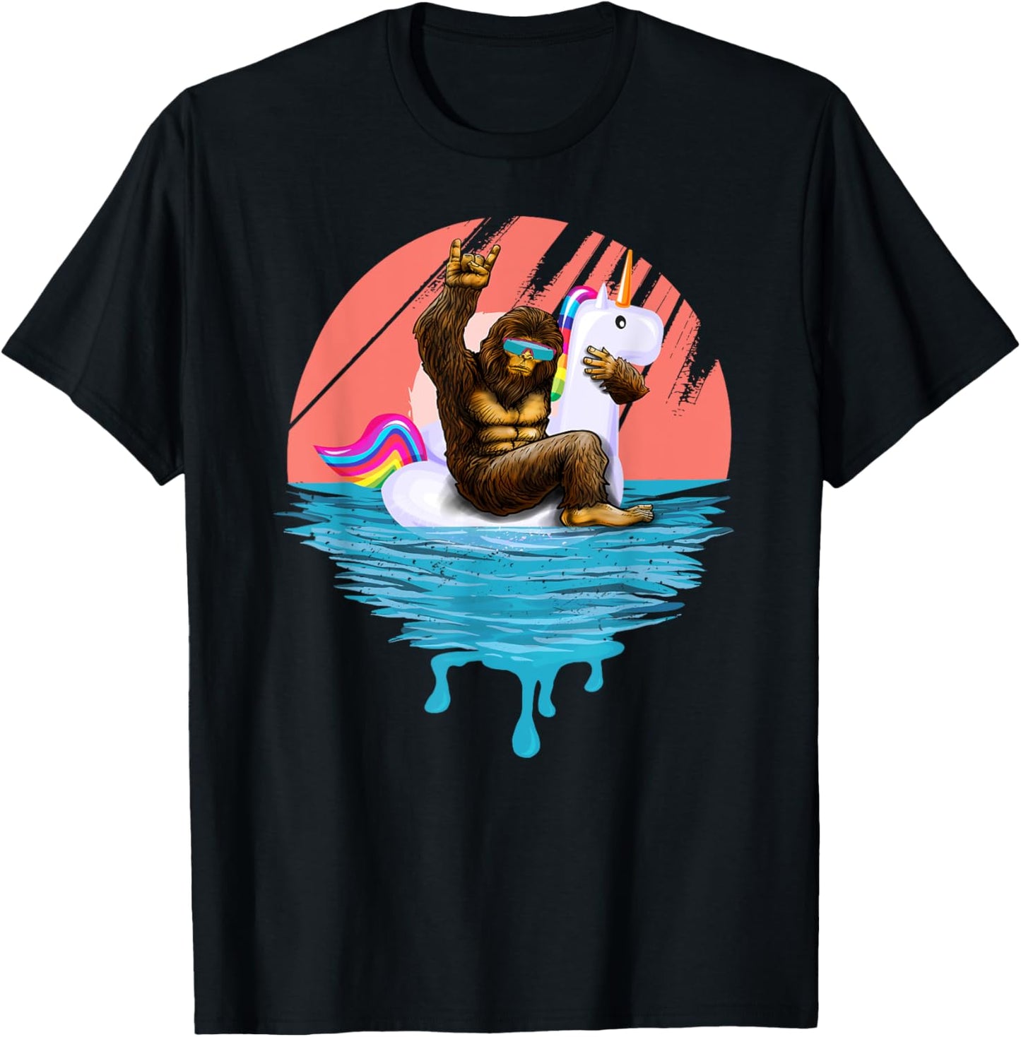 Sasquatch Riding Unicorn Floaty Pool Party Outfit Bigfoot T-Shirt - T-Shirt | Black
