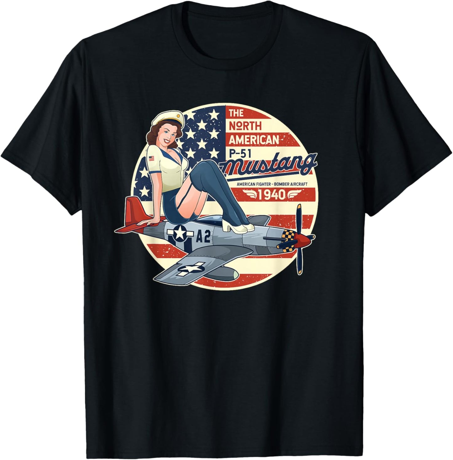 P51 Mustang T Shirt Airplane Shirts WWII Shirt Pinup T-Shirt - T-Shirt | Black