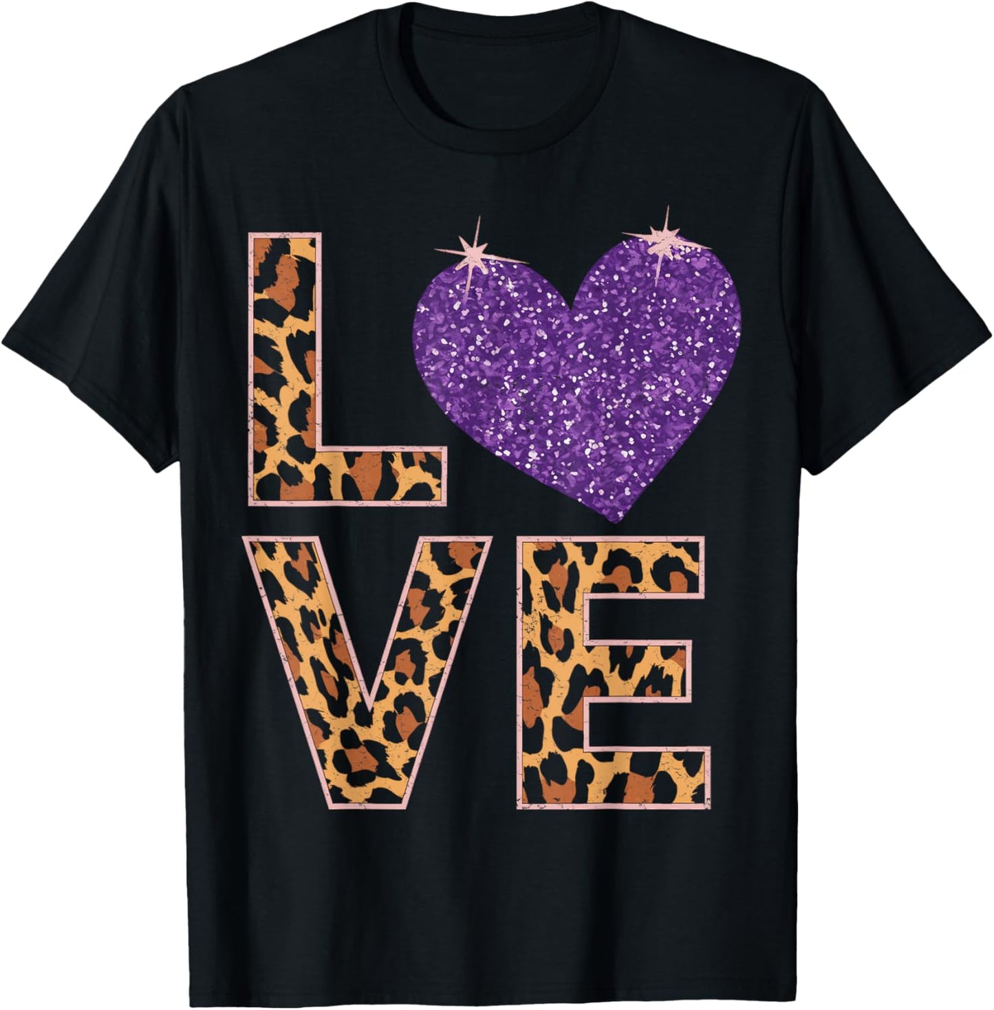Love Leopard Purple Heart Valentine's Day Women Girls T-Shirt - T-Shirt | Black