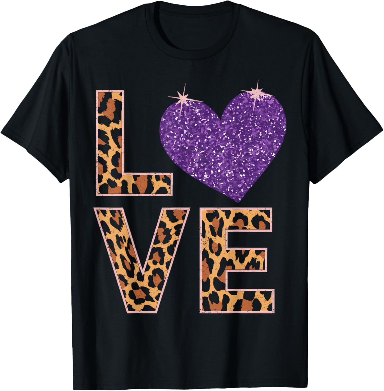 Love Leopard Purple Heart Valentine's Day Women Girls T-Shirt - T-Shirt | Black