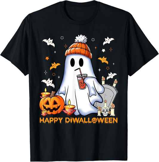 Happy Diwalloween Diwali Halloween Costume Adult Black Small Short Sleeve Modern Mandarin Collar Cartoon Applique Diwali Halloween Fusion T-Shirt - T-Shirt | Black