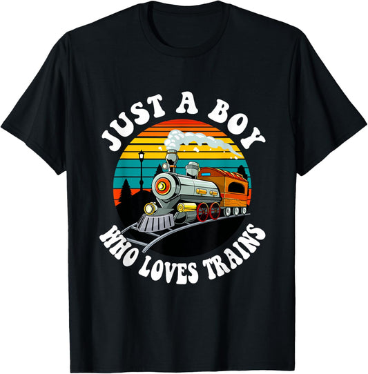 A Boy Who Loves Trains Funny Retro Vintage Train Lover Kids T-Shirt - T-Shirt | Black