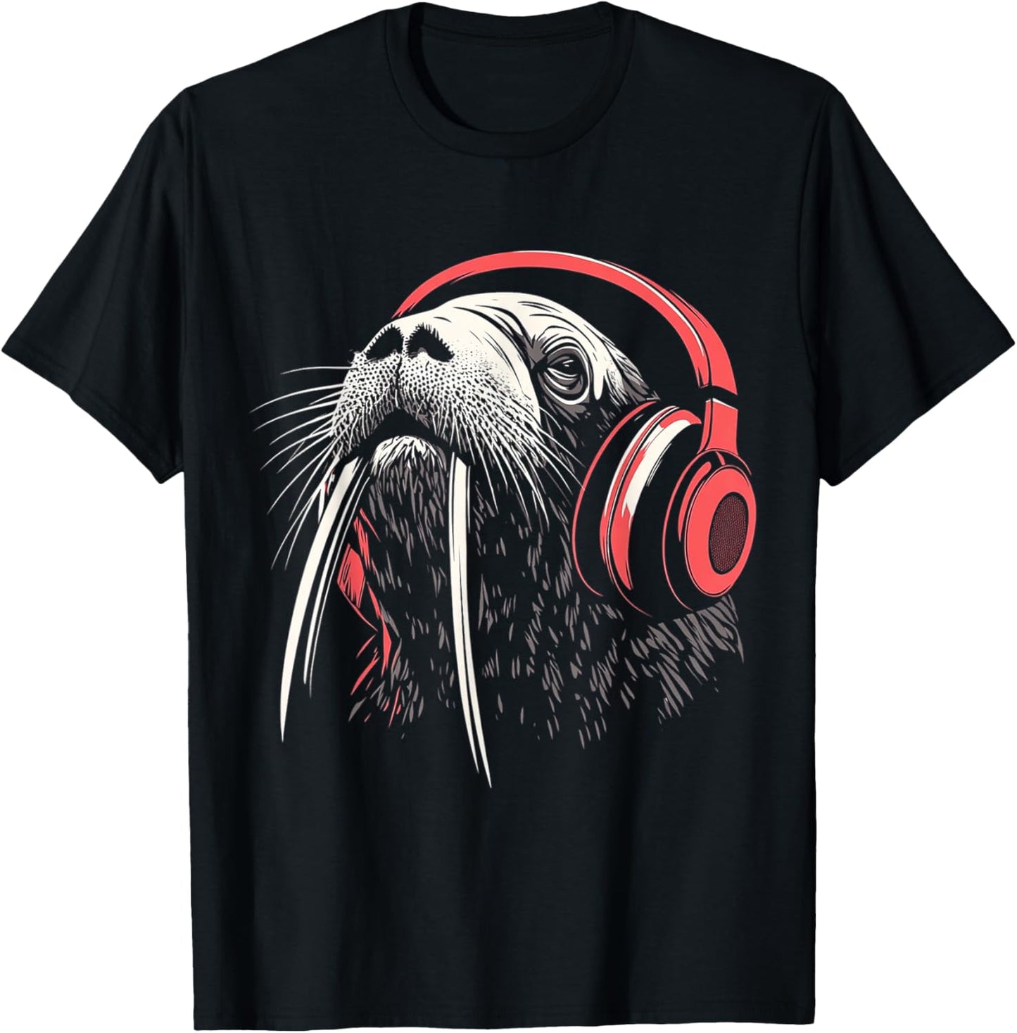 Walrus Animal Motif Music Headphone Illustration Walrus T-Shirt - T-Shirt | Black