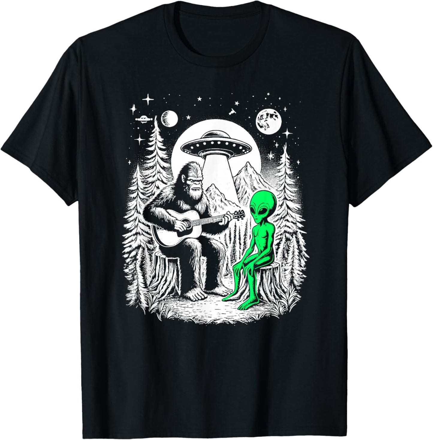 Bigfoot Plays Guitar Sasquatch Camping Big Foot UFO Alien T-Shirt - T-Shirt | Black