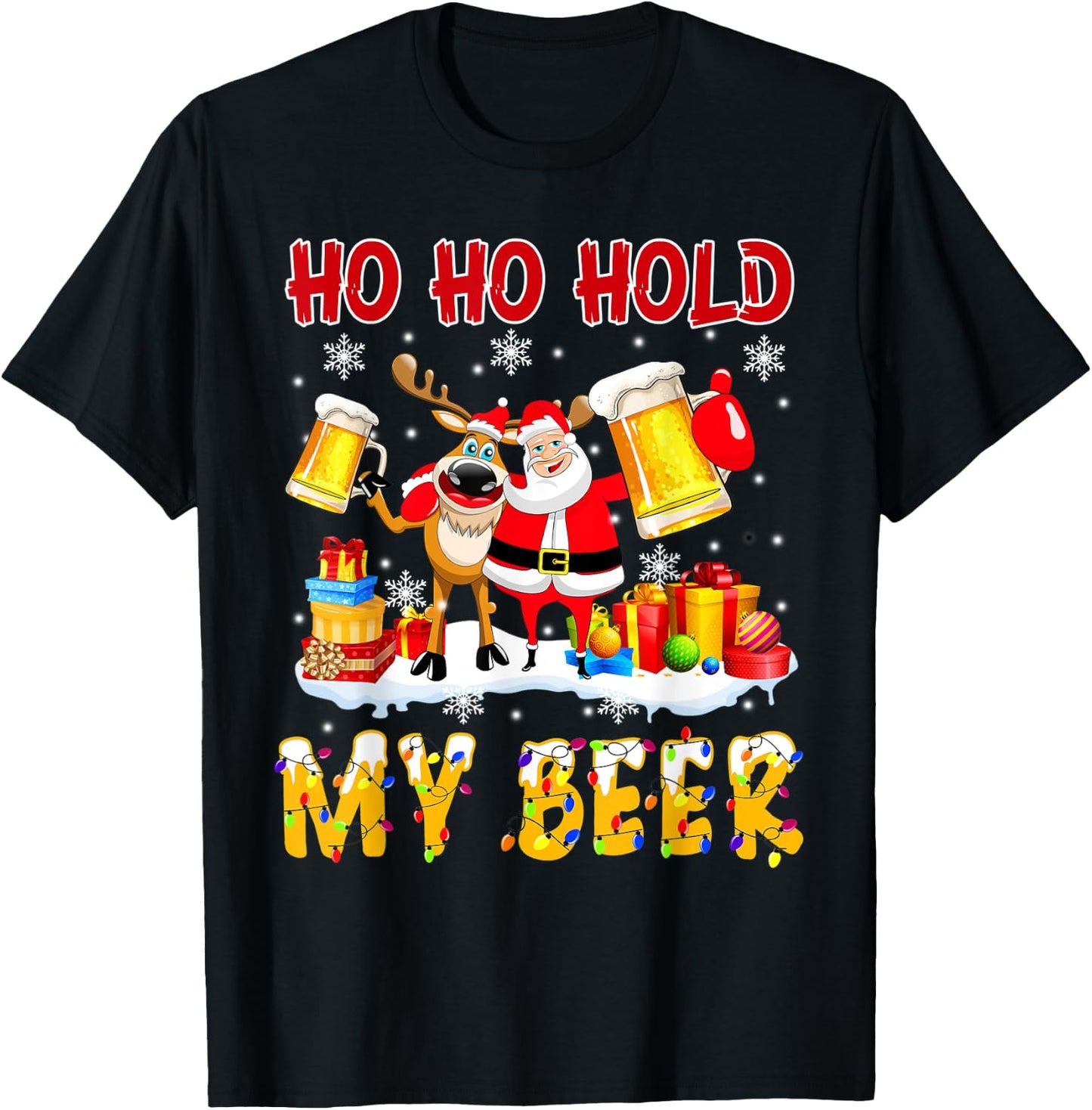 Ho Ho Hold My Beer Santa & Reindeer Beer Bestie T-Shirt - T-Shirt | Black