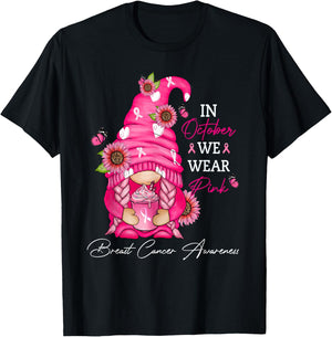 In October We Wear Pink Ribbon Breast Cancer Funny Gnome T-Shirt - T-Shirt | Black
