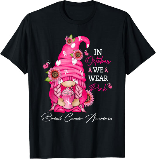 In October We Wear Pink Ribbon Breast Cancer Funny Gnome T-Shirt - T-Shirt | Black