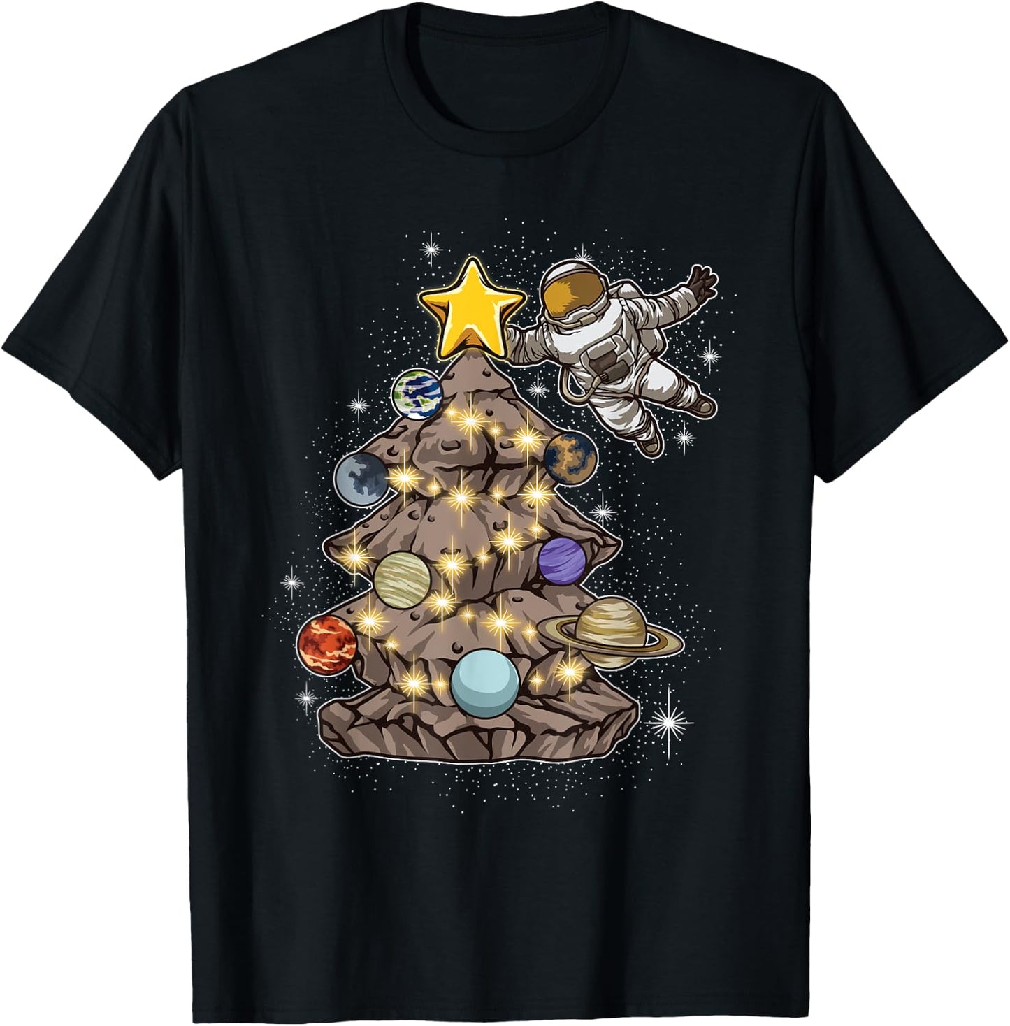 Astronaut Decorates A Christmas Tree In Space - Xmas Gift T-Shirt - T-Shirt | Black