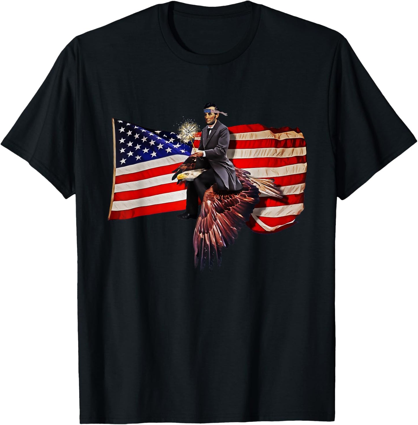 Abe Lincoln Riding Eagle Funny July 4th American Flag T-Shirt - T-Shirt | Black