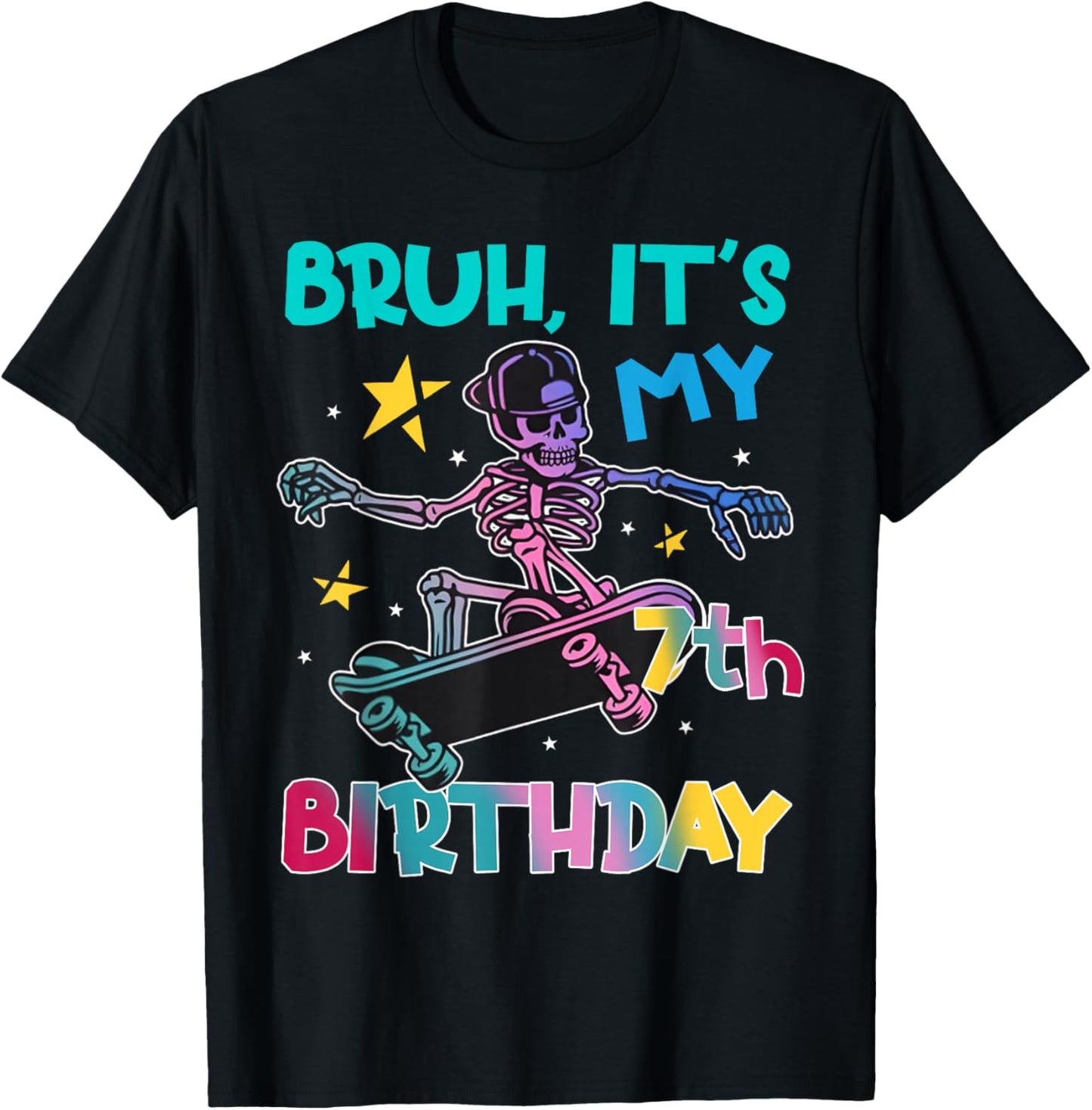7th Birthday Skeleton Skateboard Skater Boys Kids 7 Year Old T-Shirt - T-Shirt | Black