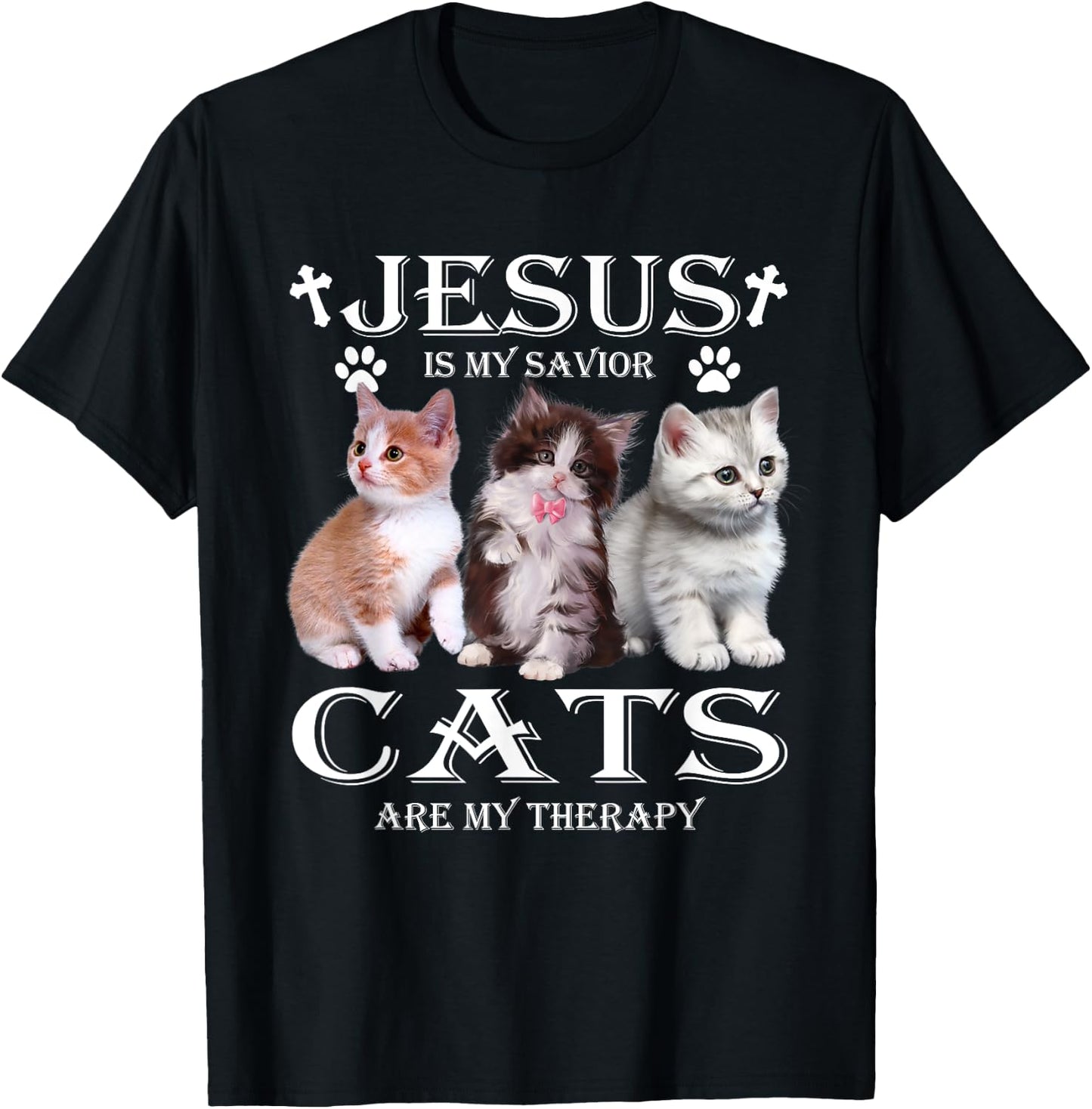 Jesus is My Savior Cats Are My Therapy Christians Cat Lover T-Shirt - T-Shirt | Black
