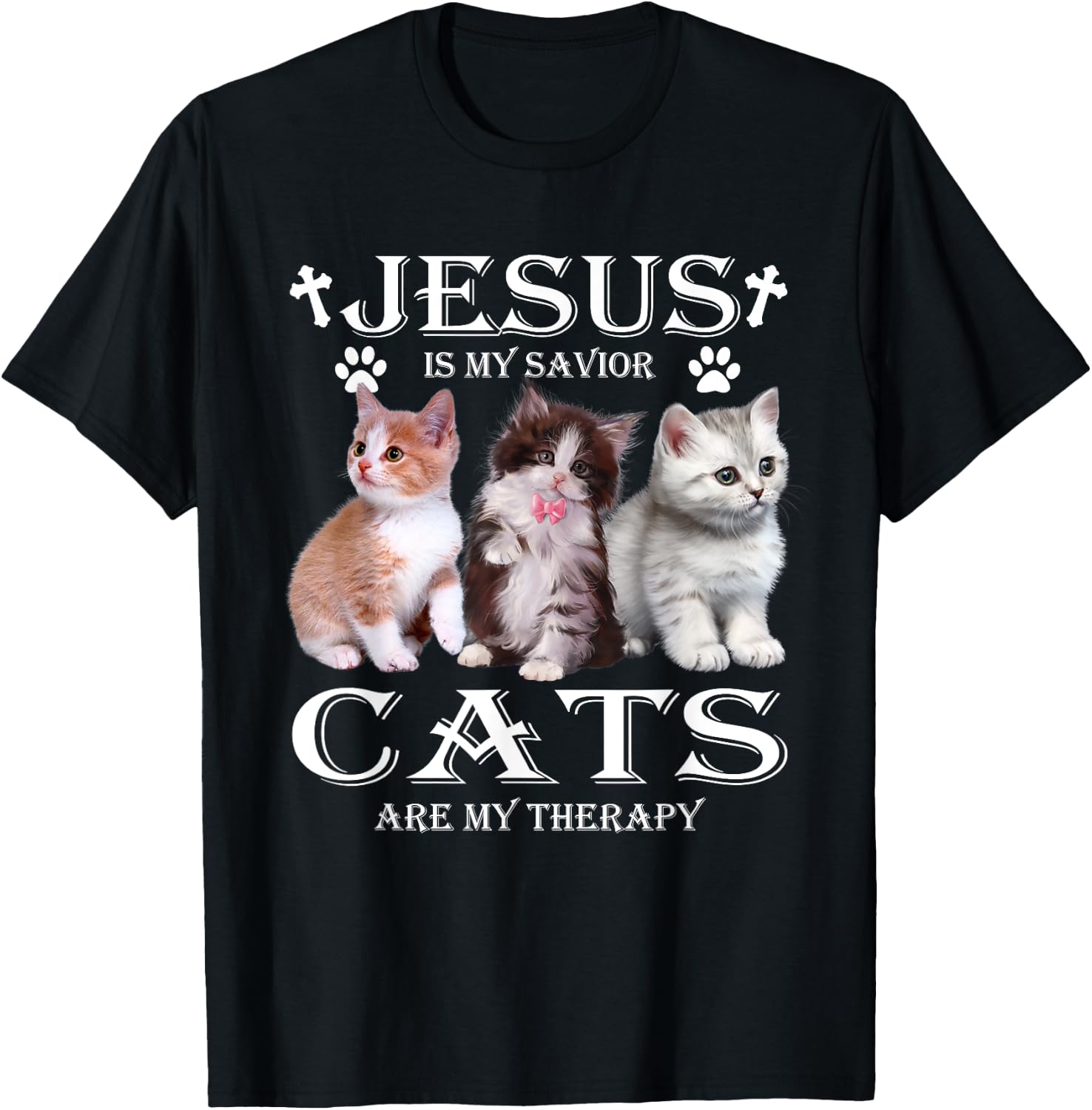 Jesus is My Savior Cats Are My Therapy Christians Cat Lover T-Shirt - T-Shirt | Black