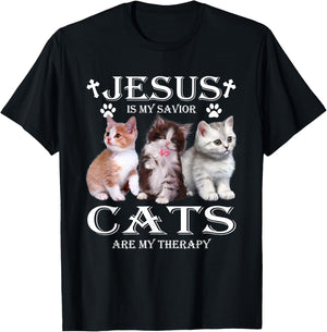 Jesus is My Savior Cats Are My Therapy Christians Cat Lover T-Shirt - T-Shirt | Black